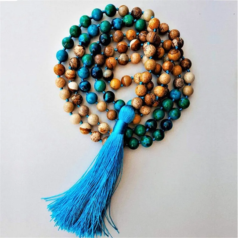 

8mm Natural Picture Stone Lapis 108 Beads Tassel Knotted Necklace Buddhist Buddhism Prayer Stress Spirituality Mala Yoga Mala