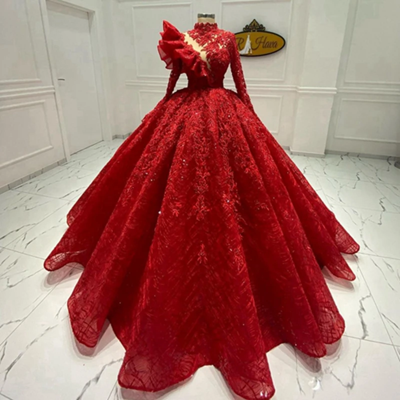 Gorgeous Red Appliques Beaded Dubai Wedding Ball Gowns Pretty High Neck Ruffles Long Sleeves Organza Saudi Arabia Bridal Dresses