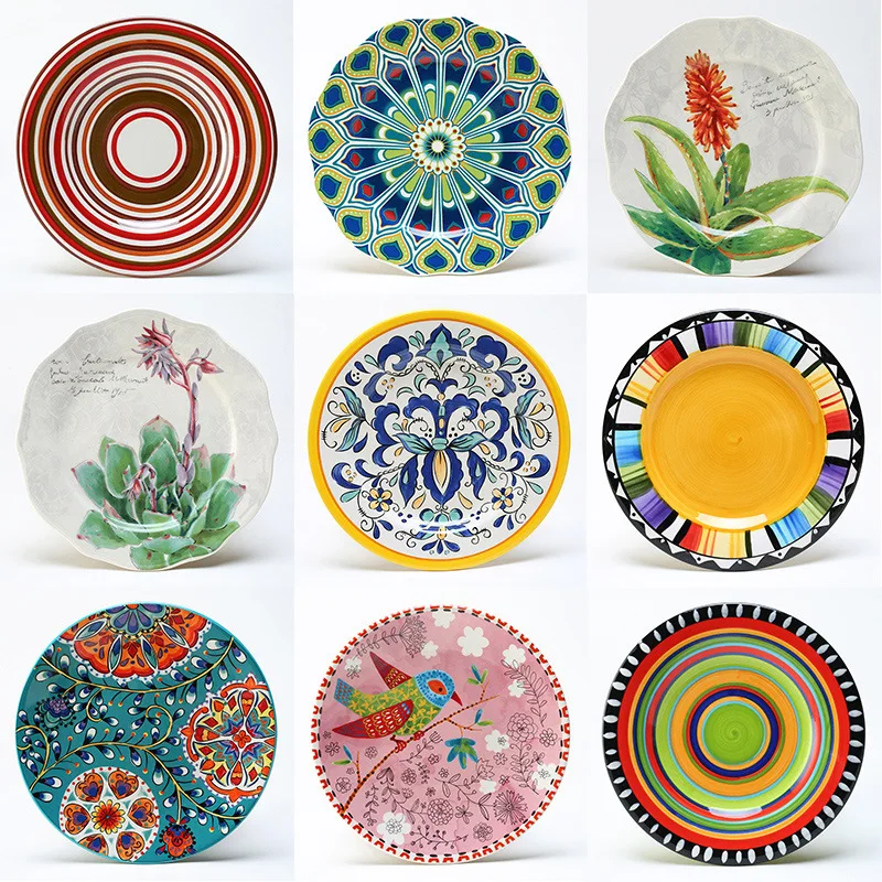 8 Inch Ceramic Plate Round Hand-Painted Flower Tableware  Fruit Salad Dishe Household Combination Plate Set Decorative Tableware