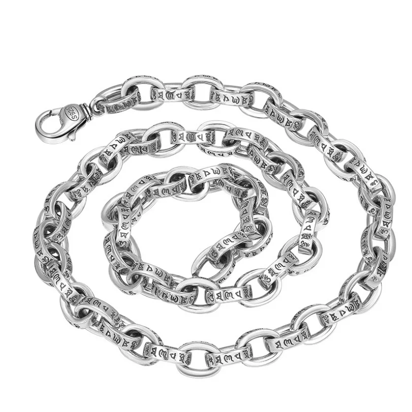 Real Silver 8.5mm Thick Mantra Carving Heavy Chain Necklace S925 Sterling Silver Big Necklace Men Male Punk Style Jewelry Gift