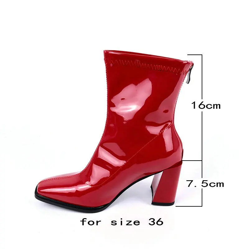 Patent PU Leather Women Ankle Boots Square Toe Thick High Heel Ladies Short Boots Black Zipper Women\'s Shoes Plus Size 34-43