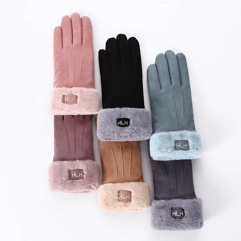 Winter Female Warm Suede Leather Letter Outdoor Sport Cycling Mitten Women Double Thick Plush Touch Screen Driving Glove 81B