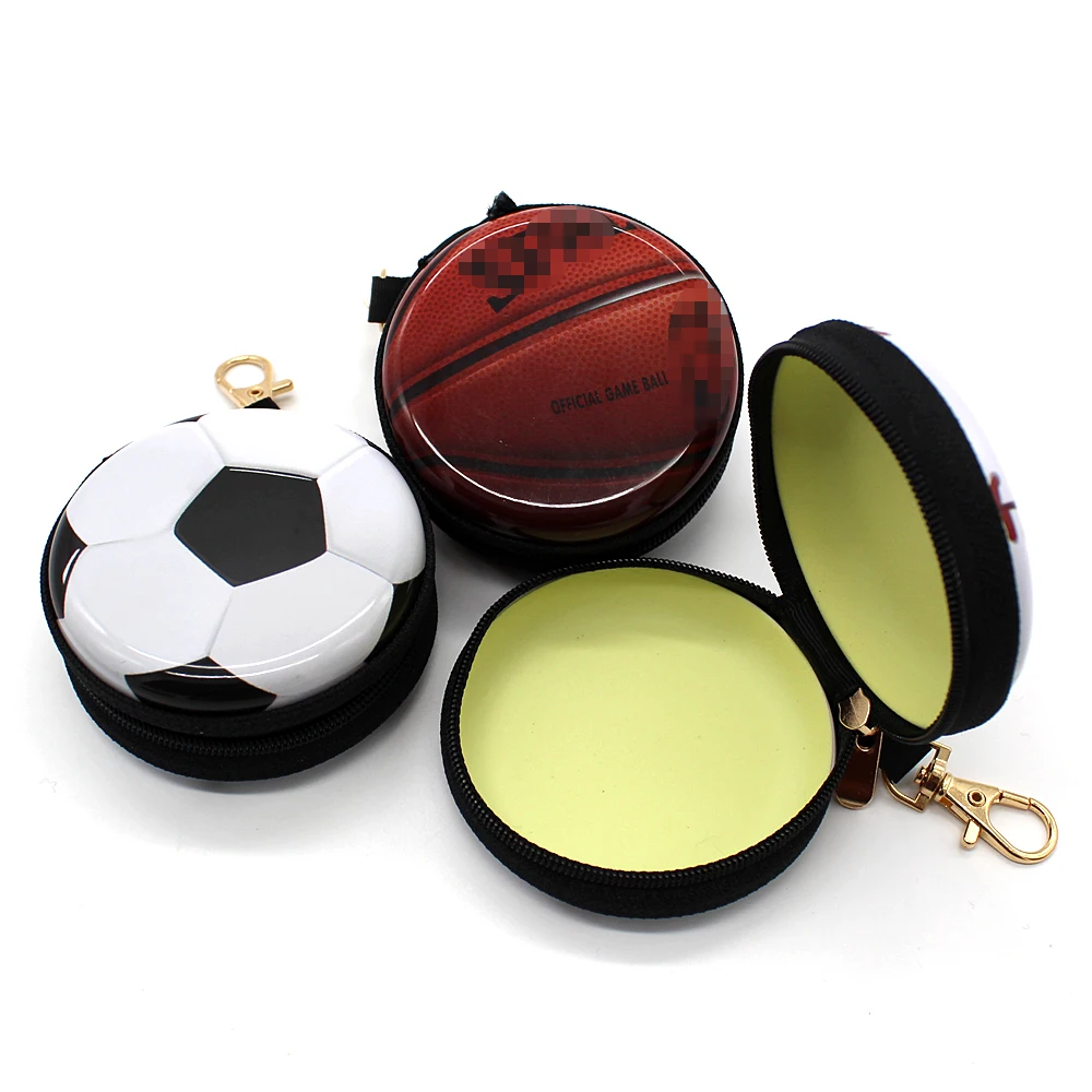 Tin Coin Purse Basketball Football Pattern Men Round Earphone Box Mini Zipper Wallet Key Case Small Gifts for Children Coin Bag