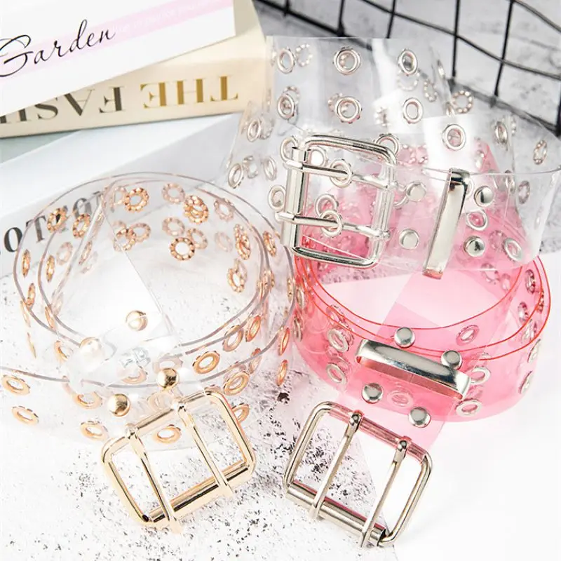 

2021 Two Row PVC Clear Belt For Women Fashion Pin Buckle Female White Waist Trousers Transparent Belts Ladies Jeans Grommet Belt