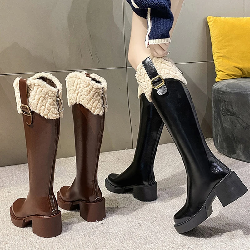 Women Knee High Chelsea Boots Winter Warm New Furry Casual Shoes Female High Heels Zippers Shoes Ladies 2023 Western Long Boots