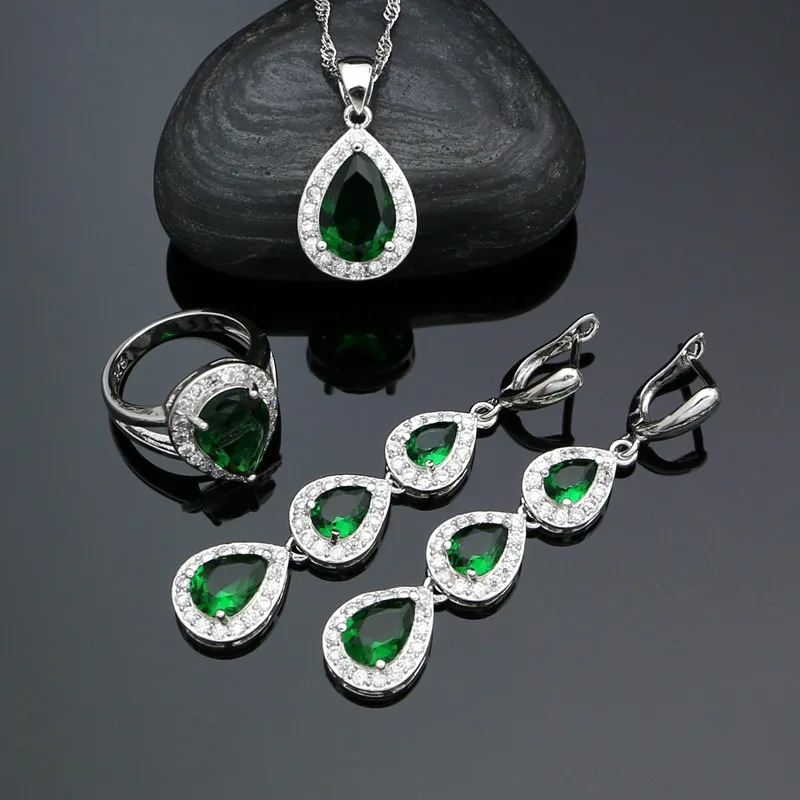 Classic 925 Silver Jewelry Sets for Women Natural Green Cubic Zirconia White Crystal Long Earrings Ring Pendant Necklace Kit