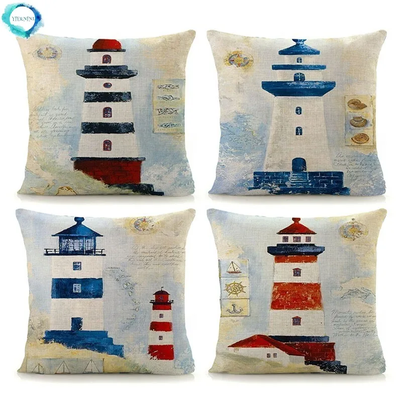 Mediterranean Lighthouse Ocean Sailing Print Home Decorative Cushion Cover Cotton Linen Pillow Case for Sofa Bed Chair 45x45cm