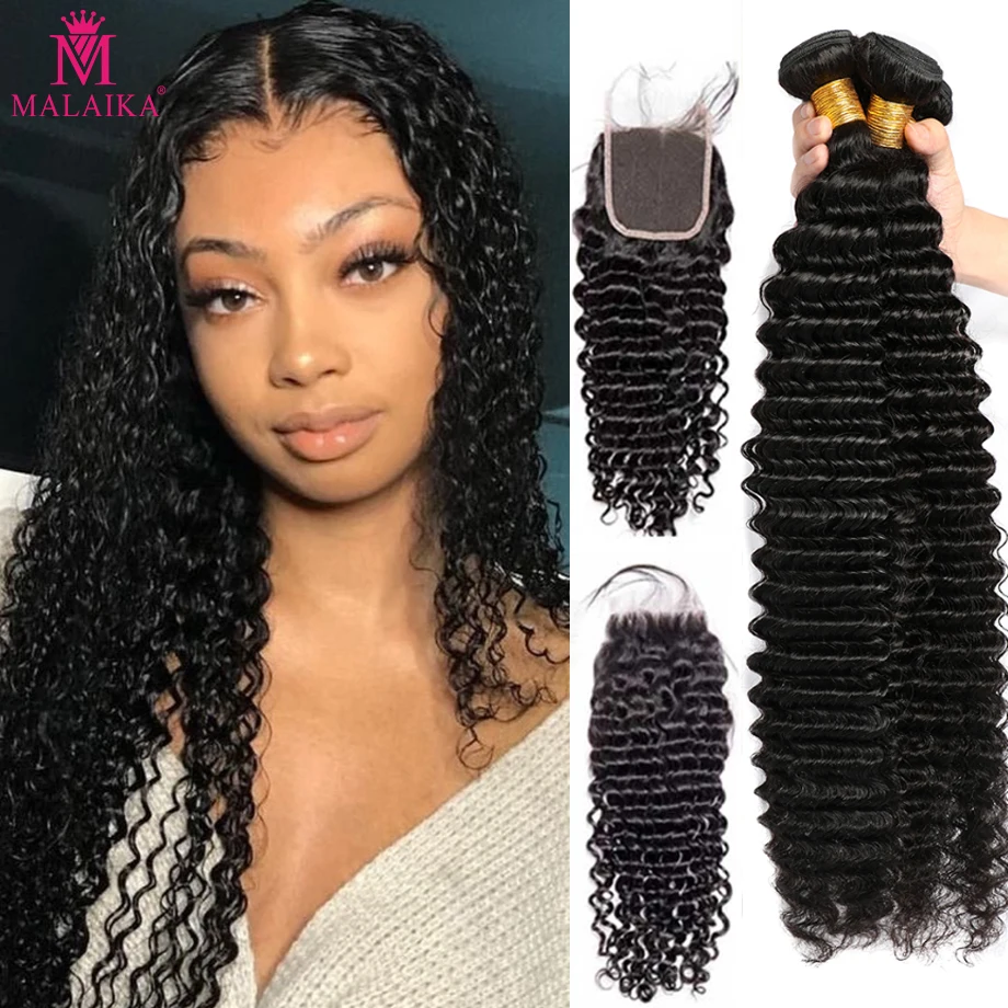 Malaika Deep Wave Hair Weave Bundles With 4X4 Closure 3 4 Bundles Curly Human Hair Bundles with Closure Frontal Water Wave