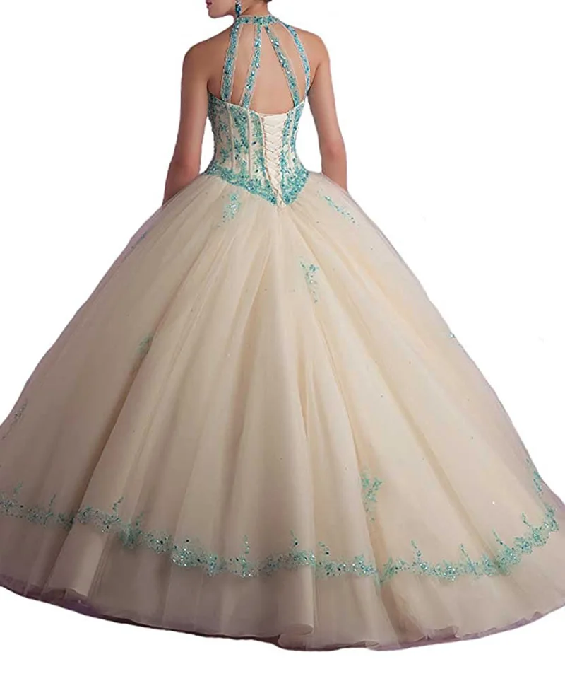 Azul real meninas doce 16 quinceanera vestidos halter rendas apliques vestido de baile vestido de baile tule vestido de casamento fiesta