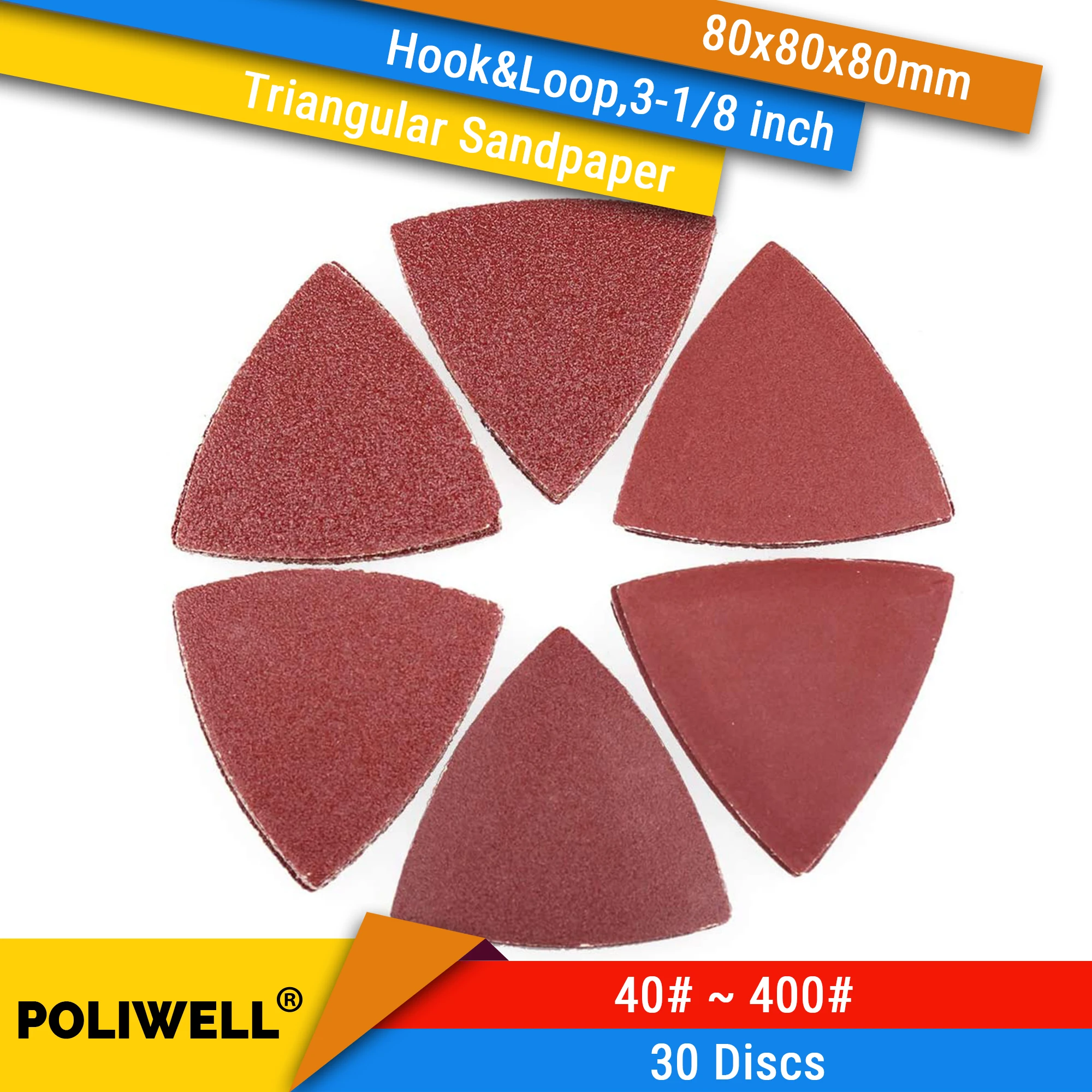 

30PCS 80x80x80 Sanding Discs Hook & Loop Triangular Sandpaper For 3-1/8 Inch Triangle Oscillating Multi Tool Sanding Pad