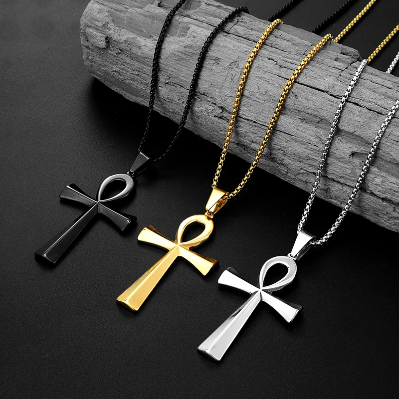 

Trend Ancient Egypt Ankh Cross Pendant Necklace Male Women Black Golden Polished Chain Man Stainless Steel Punk Hip Hop Jewelry