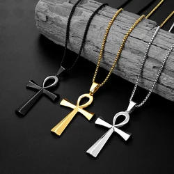 Trend Ancient Egypt Ankh Cross Pendant Necklace Male Women Black Golden Polished Chain Man Stainless Steel Punk Hip Hop Jewelry