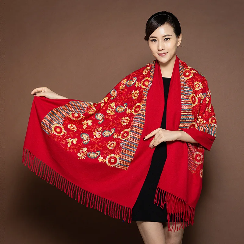 

Autumn Winter Embroidery Women Super Thick Luxury Bag Scarf Ethnic Style Cashmere Scarf Shawl Dual-Use Super Long High-Grade