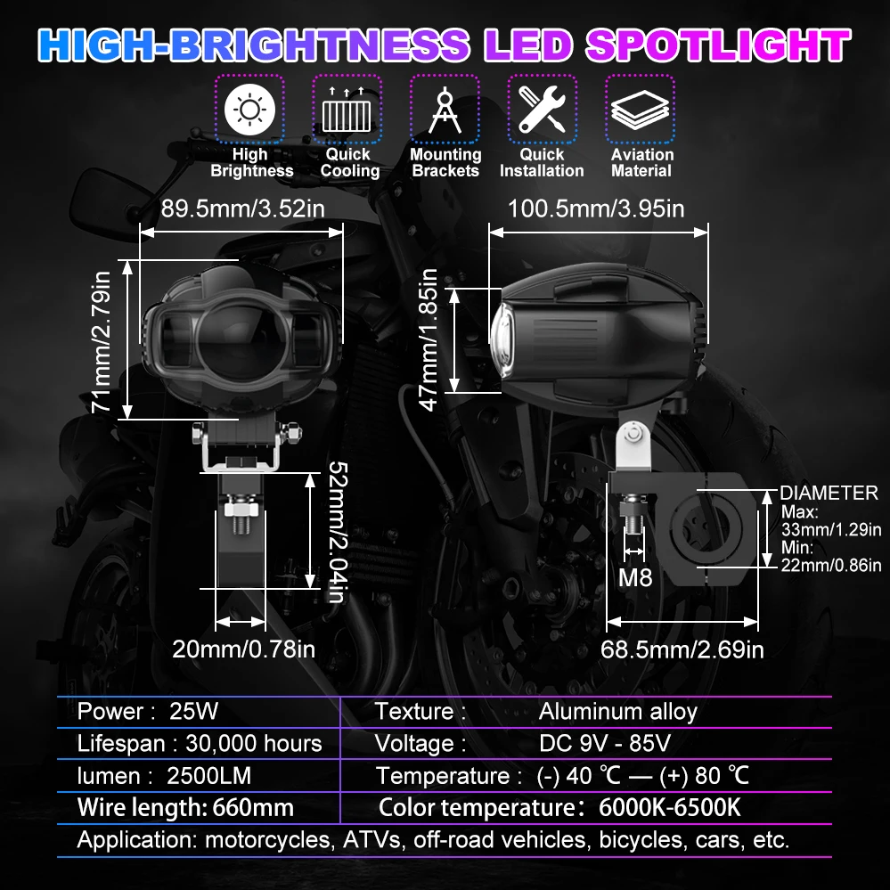 Motorcycle Lights LED Spot Light 20W Motorcycle Headlights White Fog Lamp Universal IP68 Driving Light DC 12V-80V