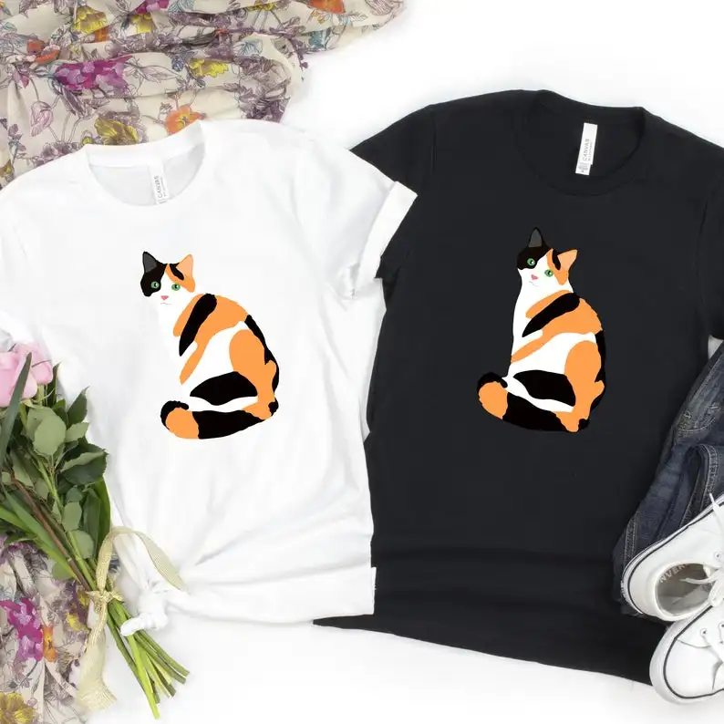 Calico Cat  Mom Lover Art Portrait Cat Shirt Kawaii Fashion Shirt Plus Size O Neck graphic Mama 100%cotton Short Sleeve Top Tees