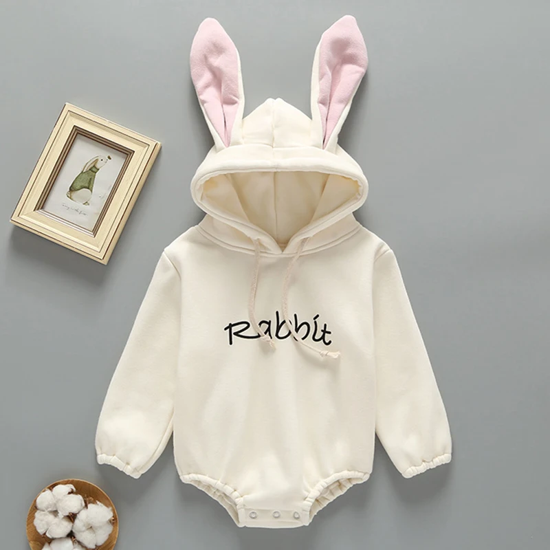 New Autumn Winter Newborn Infant Baby Romper Baby Girls Boys Rabbit\'s Ears Hooded Romper Baby Add Wool Upset Jumpsuit Clothes