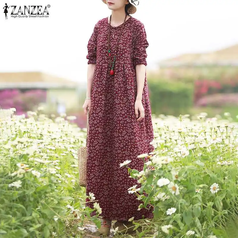 ZANZEA Vintage Autumn Floral Printed Sundress Women Bohemian O Neck Long Sleeve Maxi Dress Spring Party Vestido Baggy