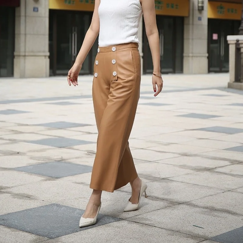 Casual Womens Sheepskin Wide Leg Pants High Waist Loose Ankle-Length Pants Street Office Lady Genuine Leather Trousers S-L