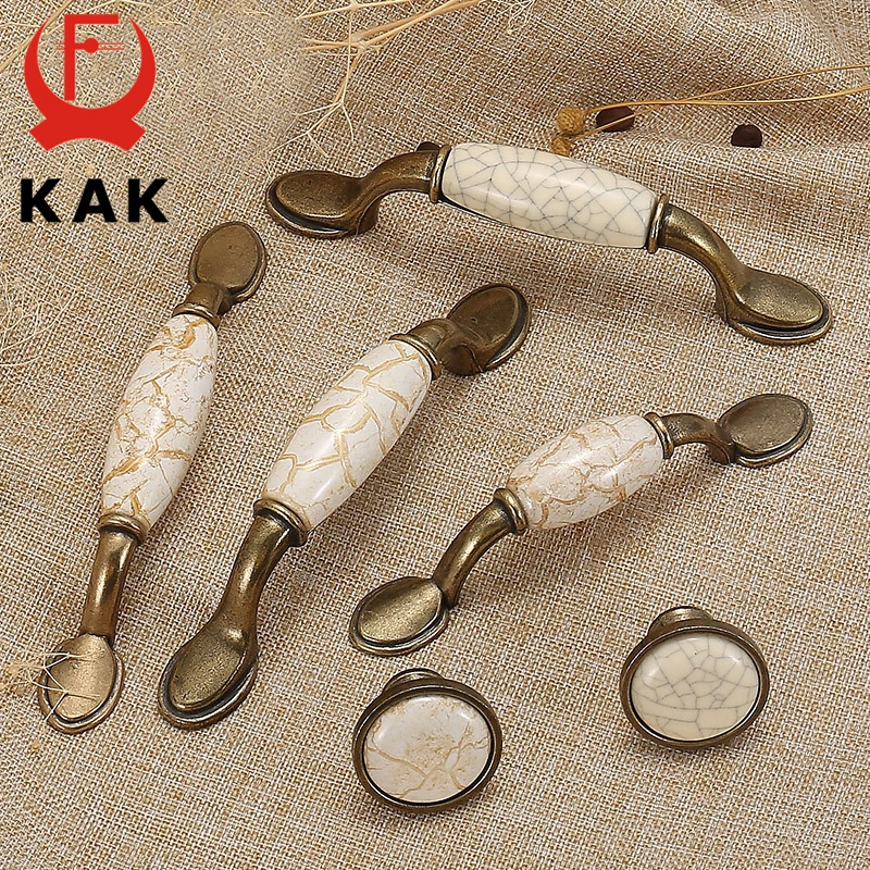 KAK Antique Bronze Ceramic Cabinet Handles Zinc Alloy Drawer Knobs Kitchen Wardrobe Door Pull European Furniture Handle Hardware