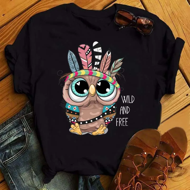 Maycaur Cartoon Owl Print T Shirt Women Kawaii Graphic Shirts Casual Short Sleeved Black Female Tee O-neck Harajuku T-shirts