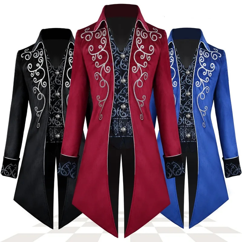 

European and American New Halloween Tuxedo Medieval Retro Costume Medium Long Punk Men's Coat