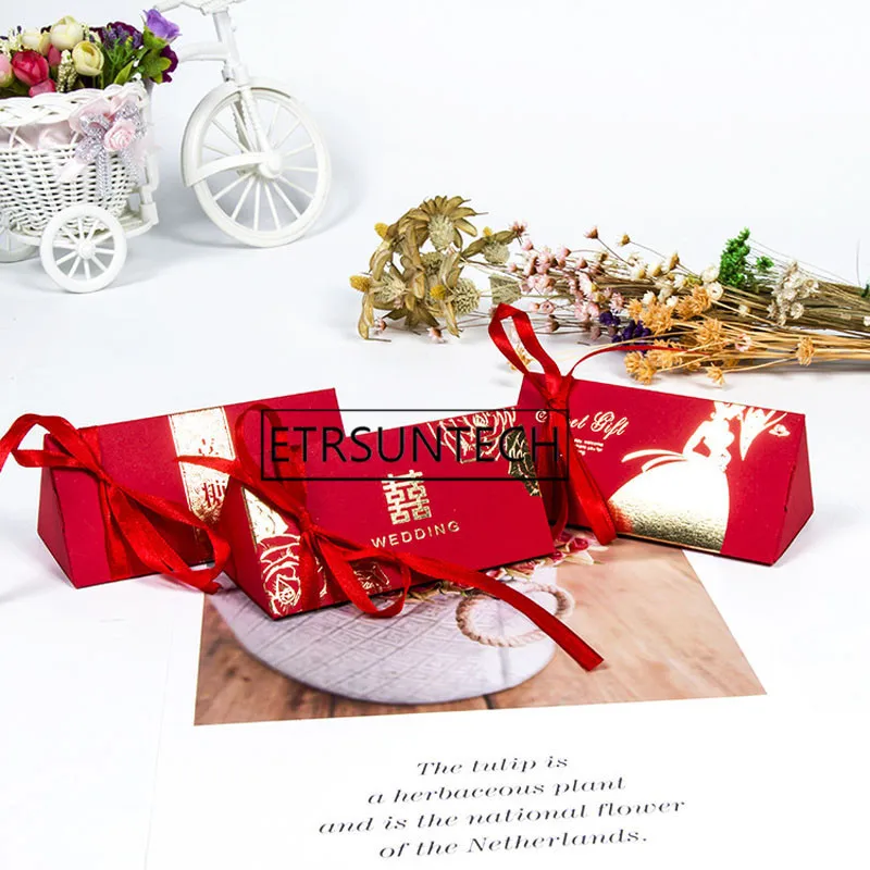 200pcs Marriage Chinese Style Red Golden Double Happiness Candy Box Ribbon Wedding Party Favor Gift Box