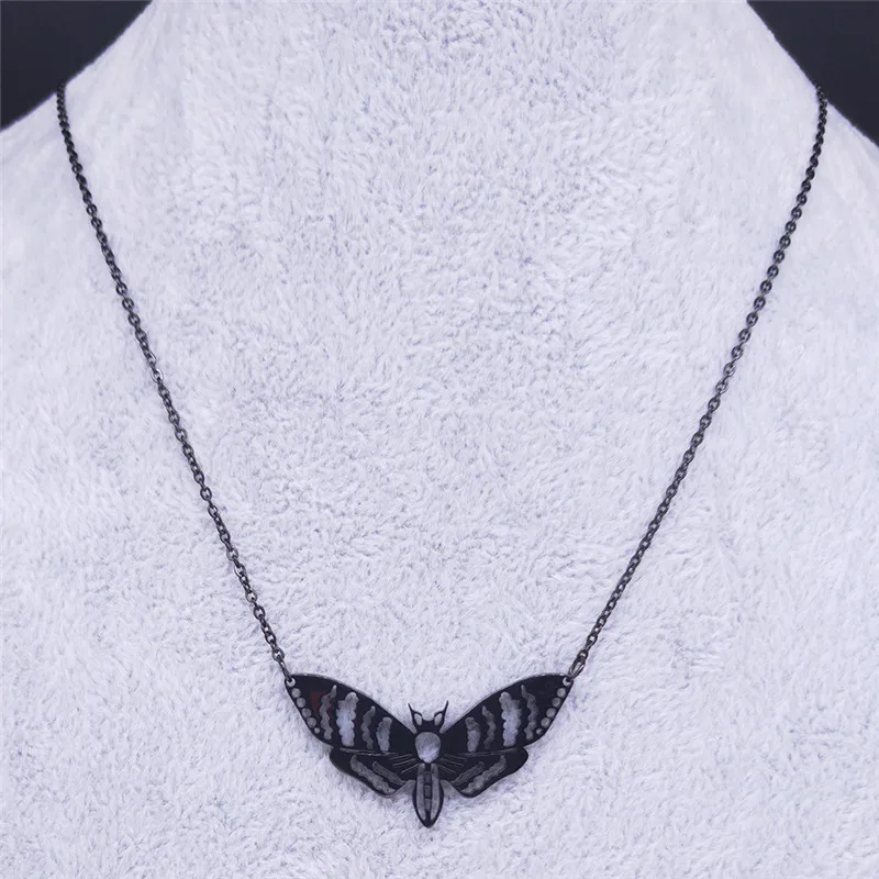 Gothic Moth Edelstahl-Halsketten-Anhänger für Damen und Herren, schwarze Farbe, Kettenhalskette, Schmuck, colgantes mujer moda N3094S03 – Detail 5