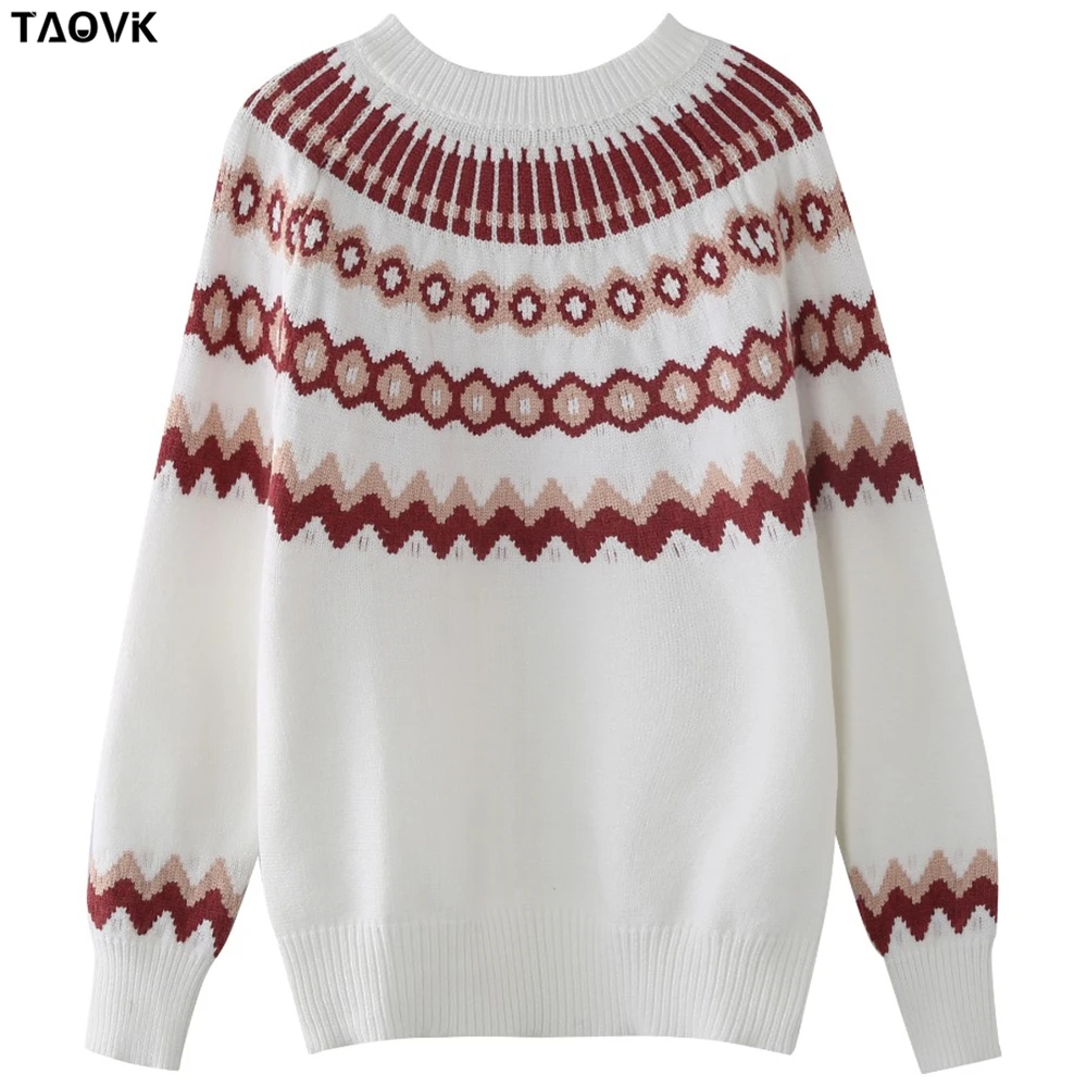 TAOVK Women Sweaters O-neck thick striped Pullovers Female long sleeve Knitting Tops contrast color Sky blue white Sweater