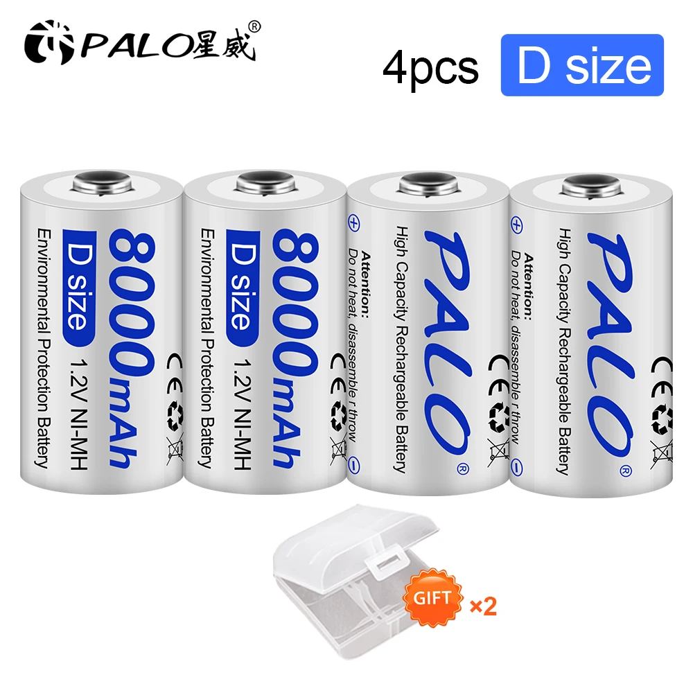 PALO 1-8pcs 1.2V D size Ni-MH Rechargeable Battery 8000mAh Large Capacity rechargeable D battery