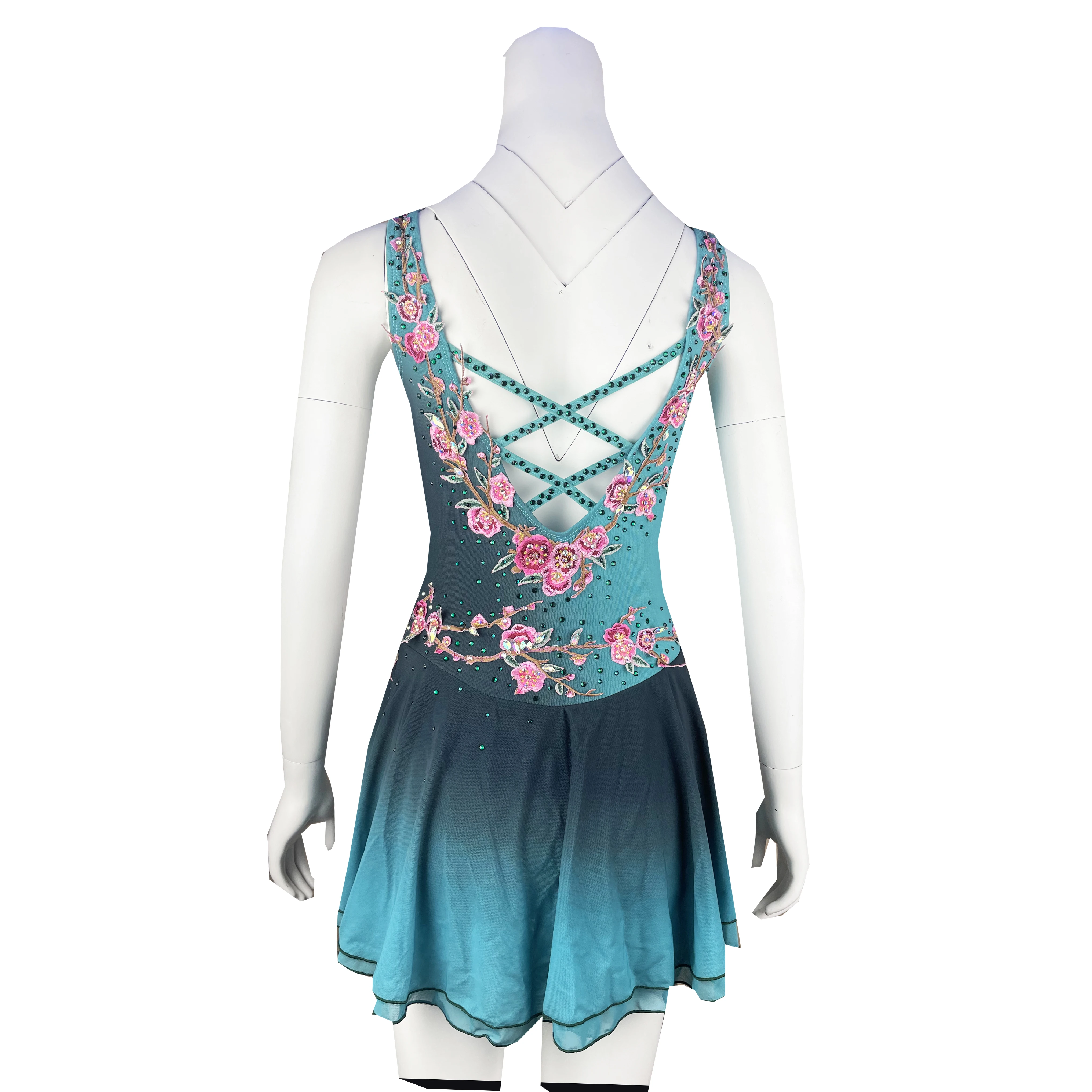 Green Figure Skating Dress Long-Sleeved Ice Skating Skirt Spandex