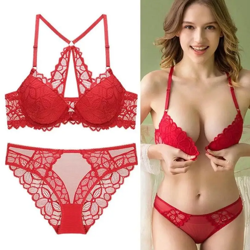 

Red Front Buckle Bra Set Sexy Lace Underwear With Thin Top Push Up Transparent Underwear Sexy Lingerie Suit p607