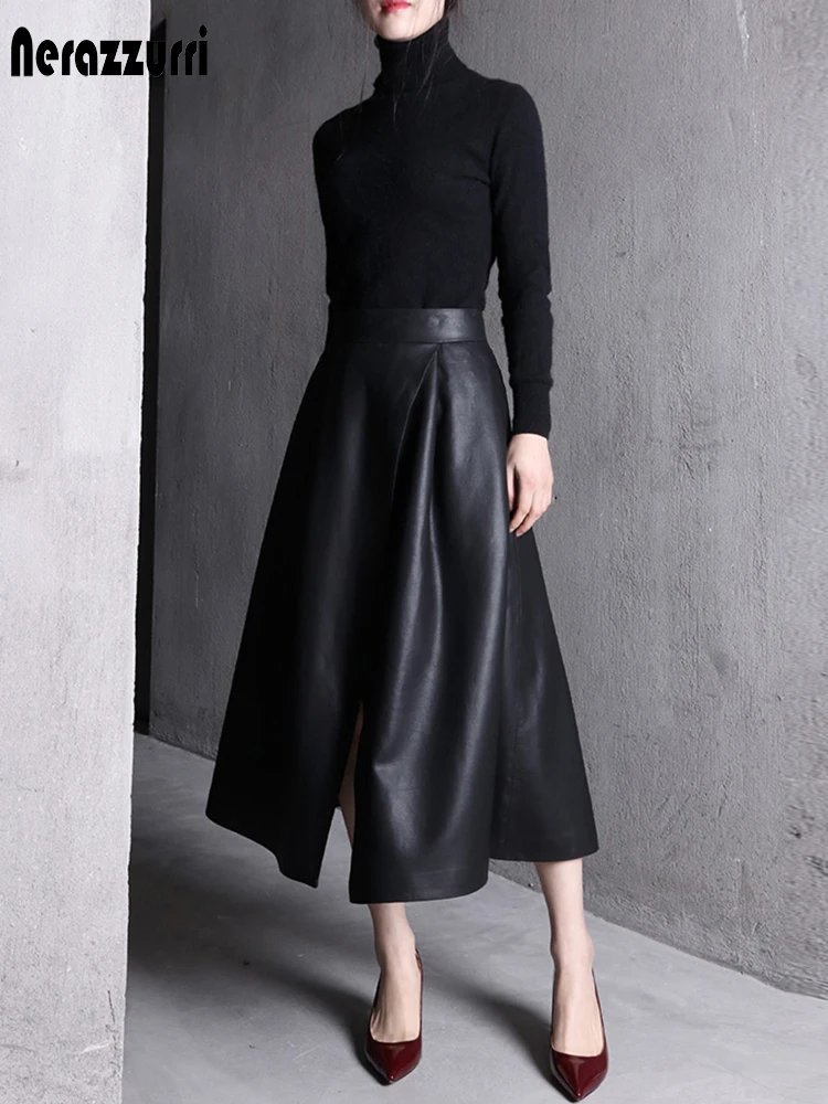 

Nerazzurri Autumn Korean midi leather skirt women ladies long skirts for women Spring summer 2021 women Korean fashion