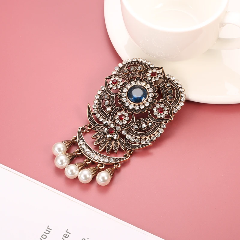 Kinel Ethnic Wedding Flower Bead Brooch Pin Old Gold Color Vintage Indian Jewlery Imitation Pearl Broches Brooches Bridal Gift