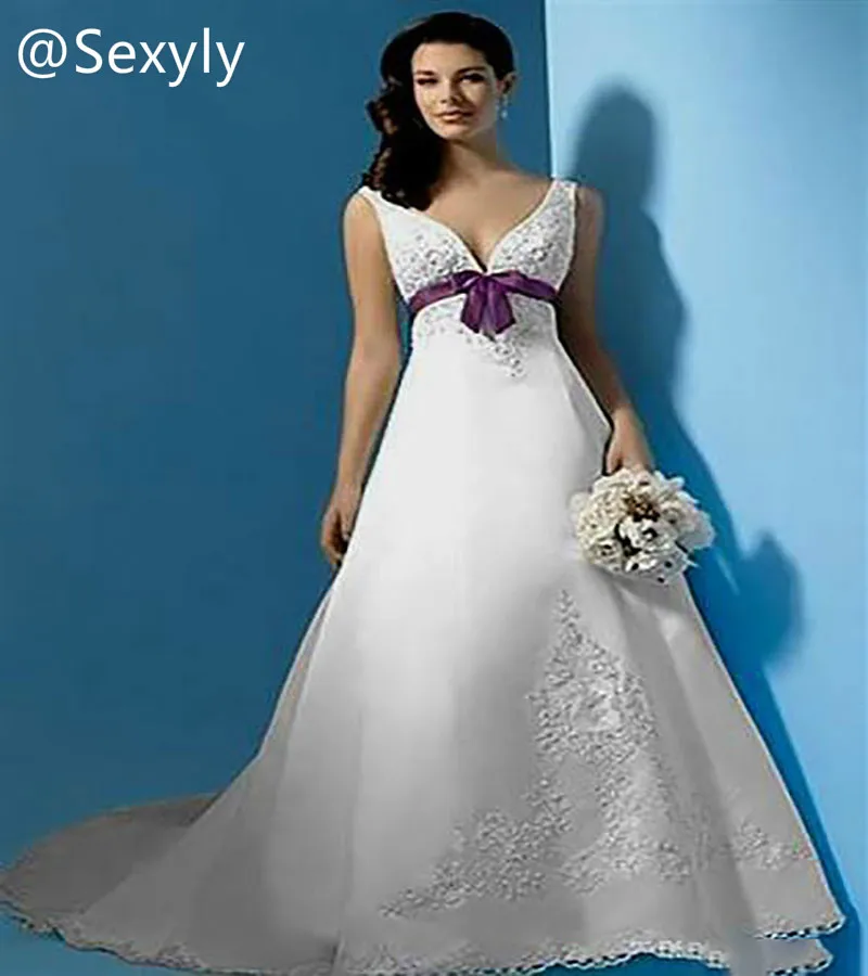 Robe de mariée en satin violet et blanc personnalisée, grande taille, sexy, col en V, robe de mariée gothique, dentelle élégante, bohème civil, patients de testostérone