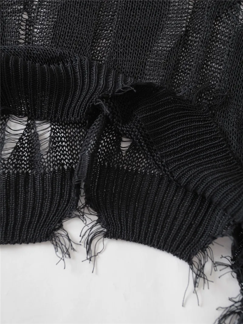 2021 New Hollow Out Holes Knitted Pullover Loose Black Thin Asymmetric Hot Girls Sexy Chic Crop Top Short Sweater Jumper Women