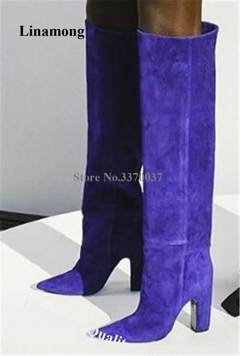 Linamong Women Fashion Pointed Toe Suede Leather Chunky Heel Knee High Boots Blue Green Long High Heel Thick Boots Dress Shoes