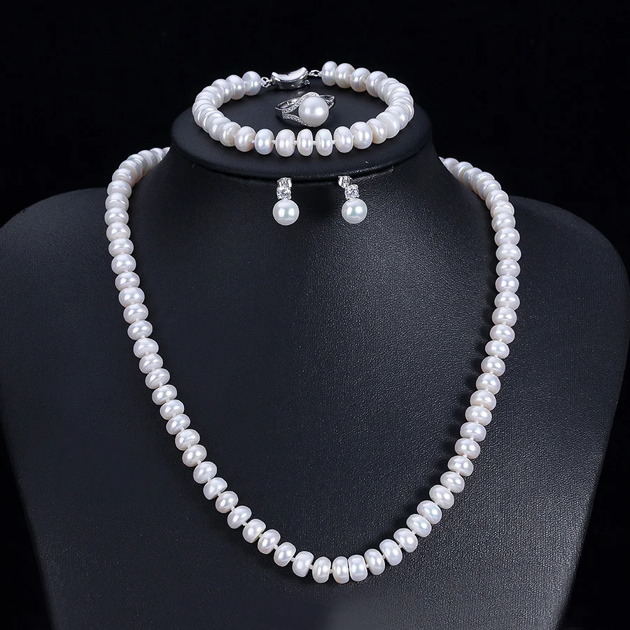 Dainashi Fashion 925 Sterling Silver Wedding Jewelry Sets For Women Real White Natural Freshwater Pearl 7-8mm Bread Round