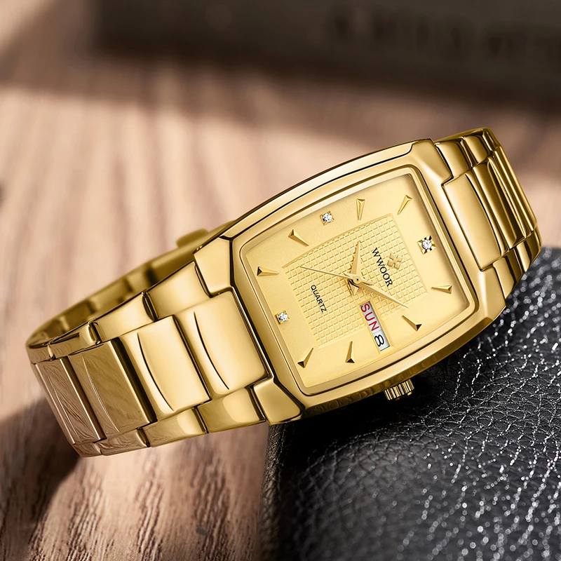 WWOOR 2024 New Design Luxury Watch Men Gold Square Quartz Wristwatches Business Waterproof Automatic Week Date Relogio Masculino