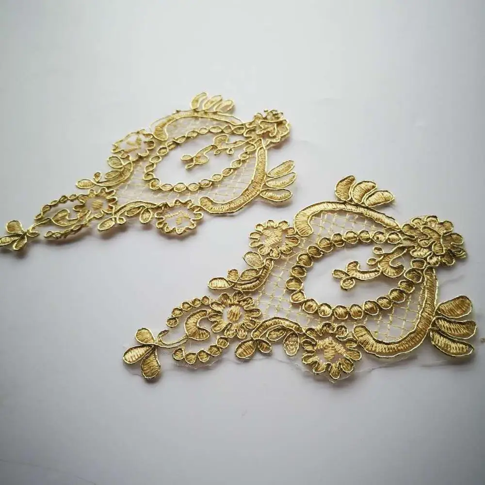 Apliques de renda dourada 15x9cm, apliques de renda em dourado para vestido de casamento, bordado, faça você mesmo, 10 peças