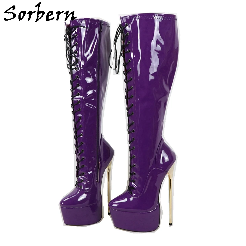 Sorbern 22CM Ultra High Heel Boots Knee High Gold Metal Heels 6CM Platform Lace-Up Women Fetish Drag Queen Shoes Custom Boots