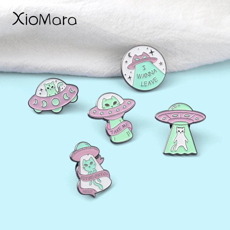 Alien Cat Enamel Pins UFO Space Ship Badges Take Me Leave Here Brooches for Women Men Outer Space Jewelry Universe Nerd Gifts