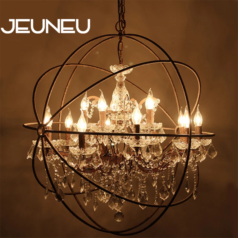 Retro Vintage Rust Iron Globe Chandeliers E14 LED Big Style Crystal Chandelier Lustre Living Room Restaurant Bar Lamp Lighting