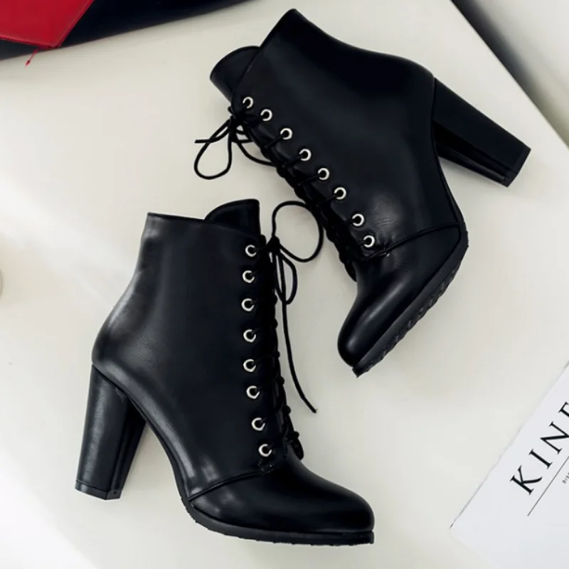 2023 New Women Boots Autumn Ankle Boots for Woman Lace-Up Thick High Heels Fashion botas femininas Winter Shoes Women WSH4136