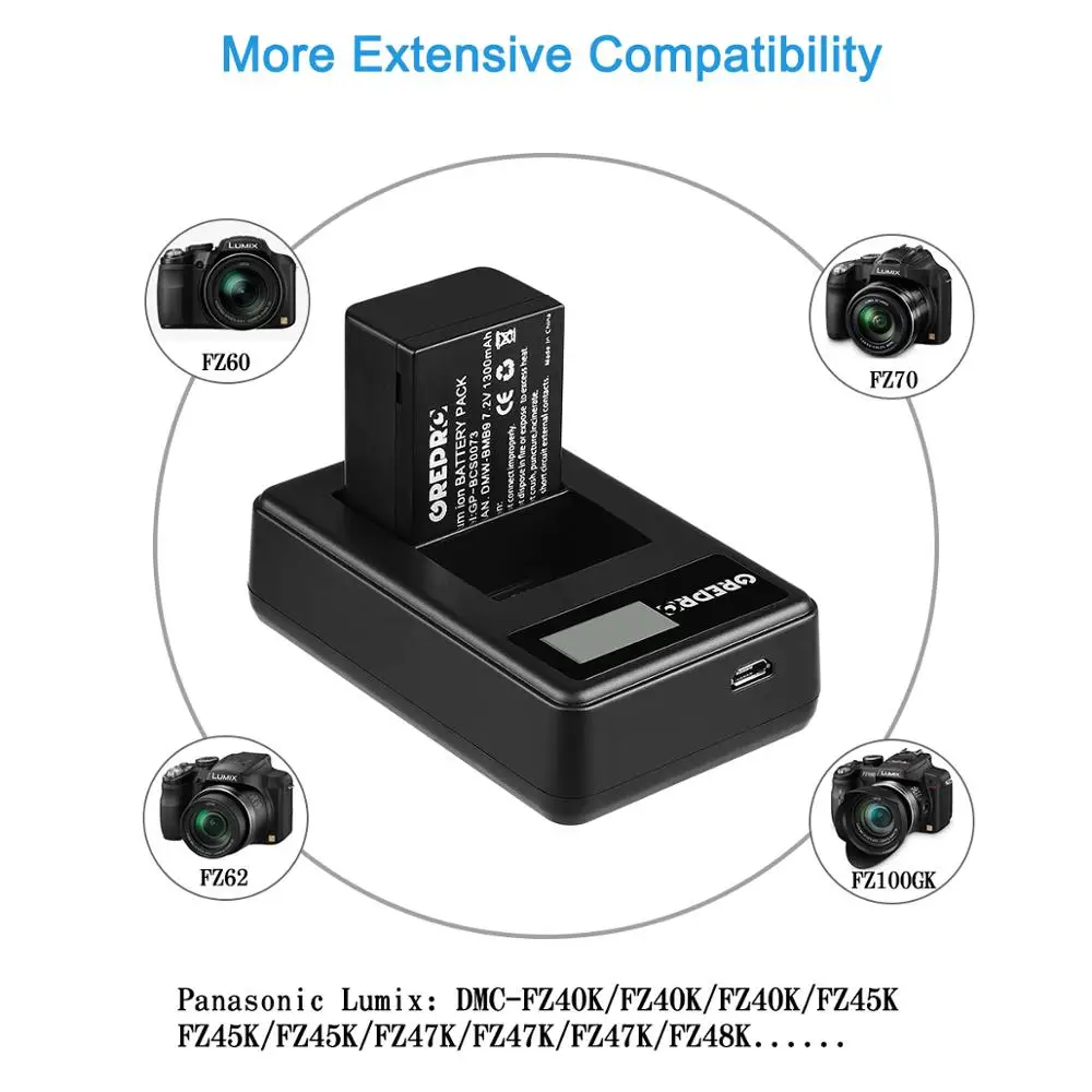 DMW-BMB9 DMW-BMB9E DMW BMB9 Battery with  LCD Charger for Panasonic Lumix DMC FZ40K FZ45K FZ47K FZ48K FZ60 FZ70 FZ100 FZ150
