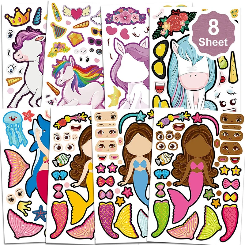 Cute Cartoon Make-A-Face Stickers Sheets Mermaid Unicorn DIY Puzzle Games Kids Jigsaw Stickers Children Birthday Gift Toys