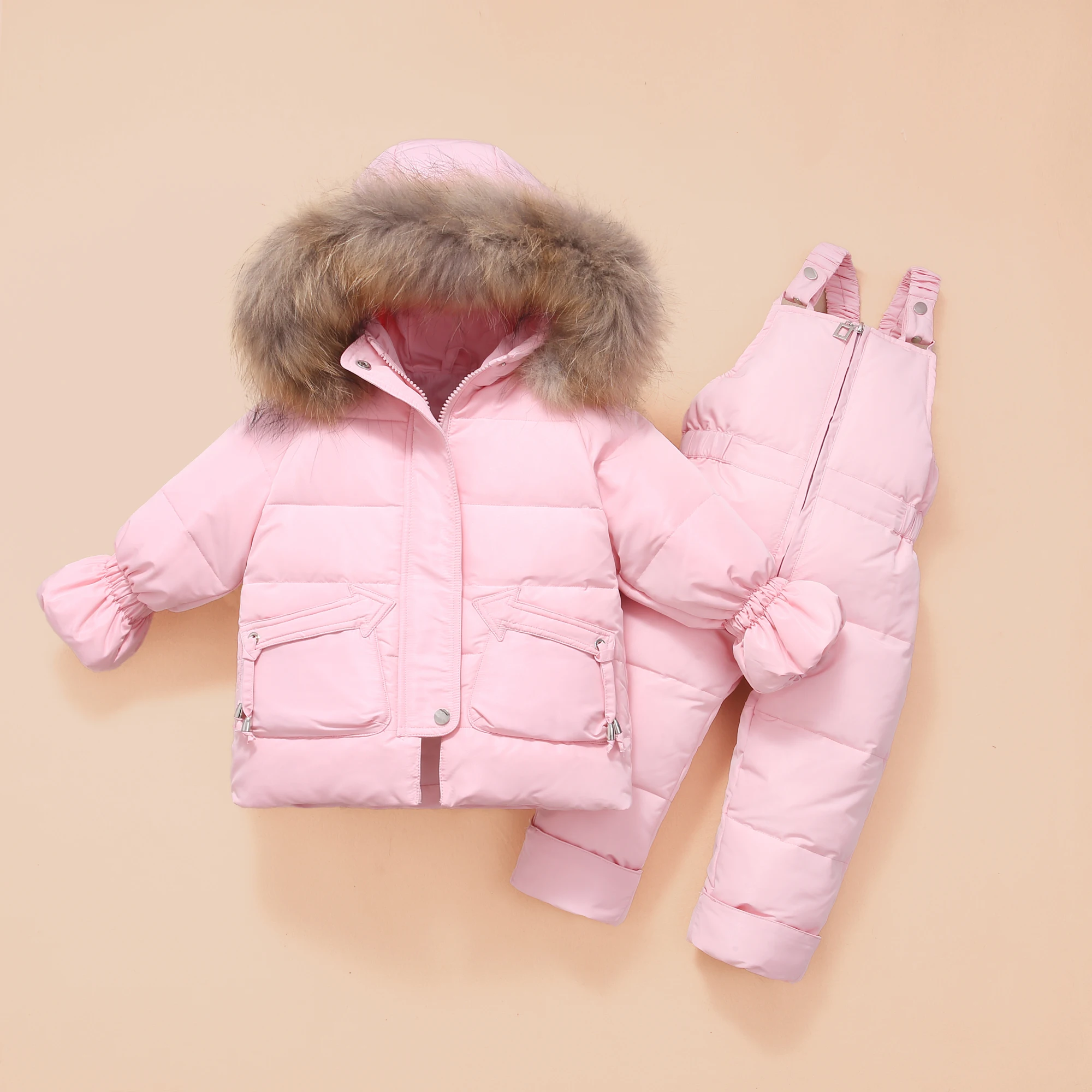 -30 Degrees Winter Children Down Jacket Clothing Sets Fur Collar Girls Down Jackets + Overalls Kids Warm Suit For toddler Boys