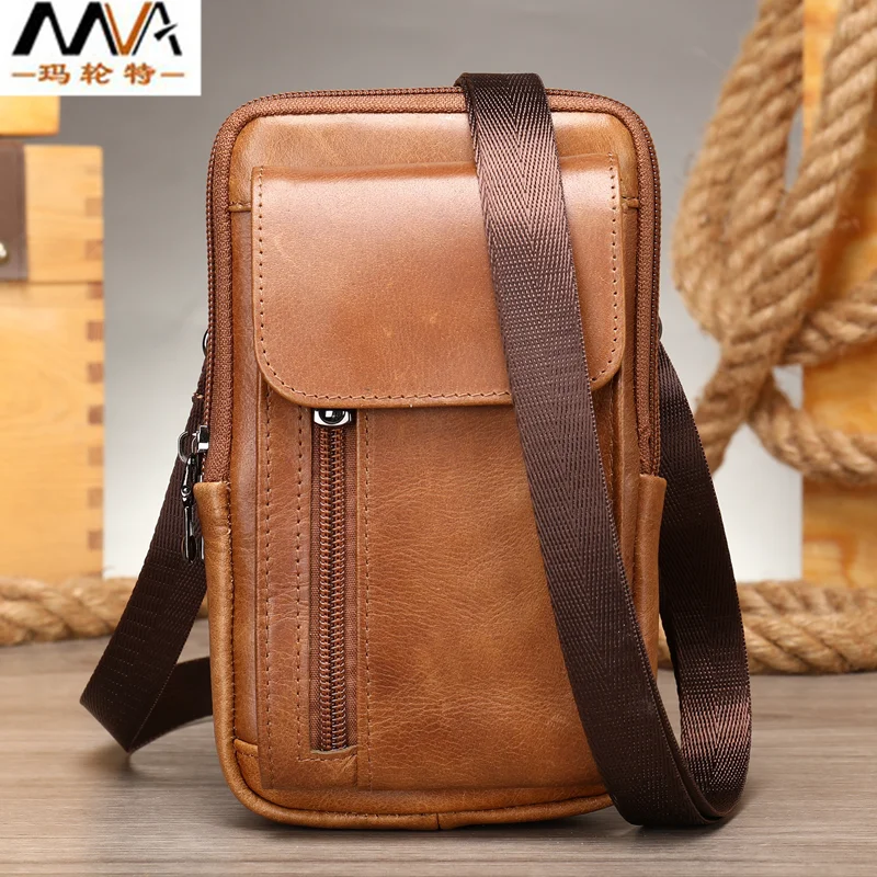 First layer cowhide retro waist bag for men Vertical square European and American style man belt pouch Three models shoulder bag