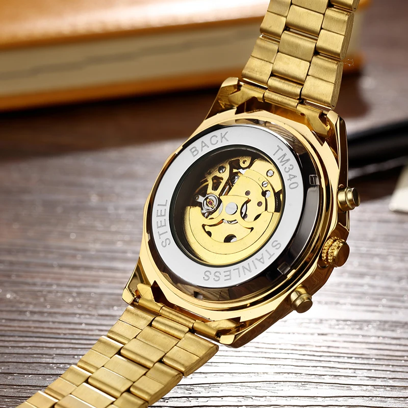 Skeleton Automatic Mechanical Watch Winner Gold Men Watches Stainless Steel Bracelet Sports Luxury Male Clock Chinese Wristwatch