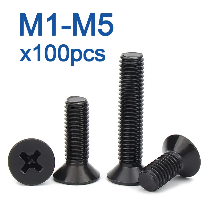 100pcs/lot  M1 M1.2 M1.4 M1.6 M1.7 M2 M2.5 M3 M3.5 M4 M5 KM Mini Small Black Steel KM Phillips Flat Countersunk Head Screw Bolt