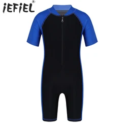 Kids Boys Girls One-piece Suits Rash Guards for Surfing Short Sleeves Zippered Shorty Wetsuits Swimsuit Swimwear Bathing Suits